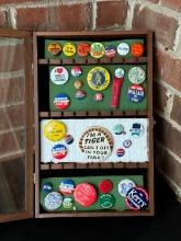 Showcase Containing Collectible Political & Advertising Pin Back Buttons