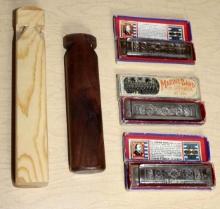 Three Marine Band Harmonicas No. 1896 in Cases and Two Train Whistles