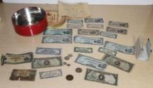 Tin Filled with WWII Era International Currency in Coin and Paper
